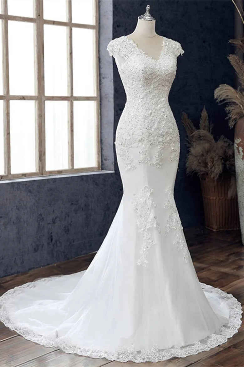 Lace V-Neck Cap Sleeve Trumpet Wedding Dress