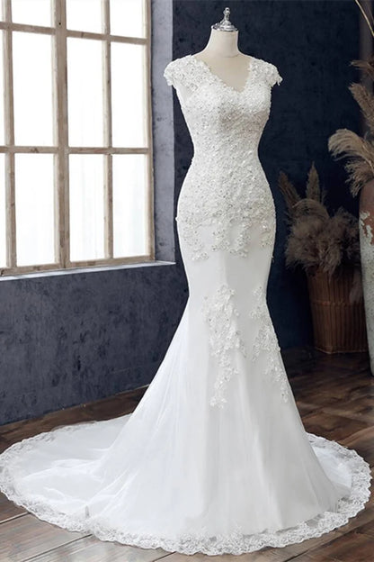 Lace V-Neck Cap Sleeve Trumpet Wedding Dress