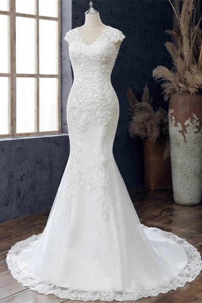 Lace V-Neck Cap Sleeve Trumpet Wedding Dress