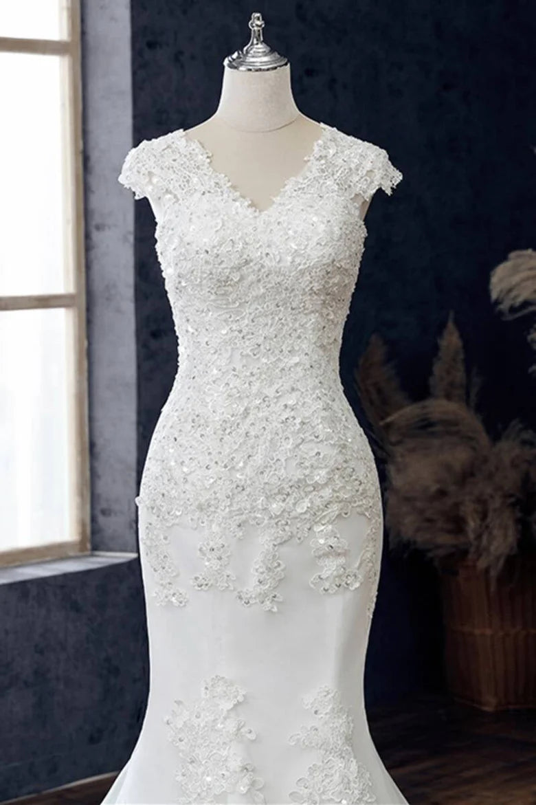 Lace V-Neck Cap Sleeve Trumpet Wedding Dress