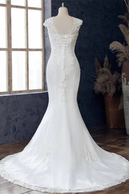 Lace V-Neck Cap Sleeve Trumpet Wedding Dress