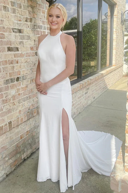 Slit Mermaid Long Wedding Dress With Halter