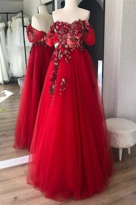 A-line Backless Floor Length Off The Shoulder Tulle Applique Long Prom Dress