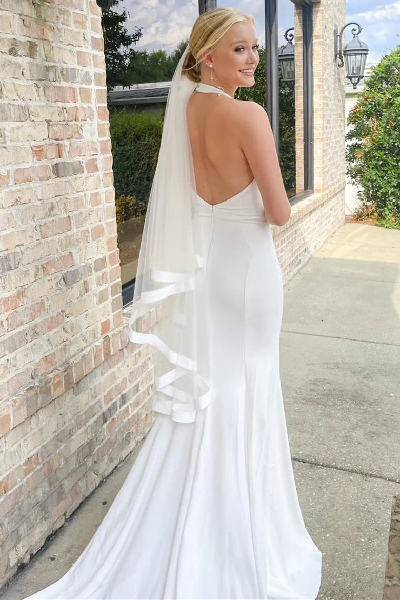 Slit Mermaid Long Wedding Dress With Halter