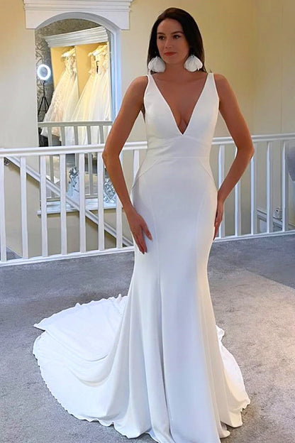 Deep V Open Back Mermaid Long Wedding Dress With Train