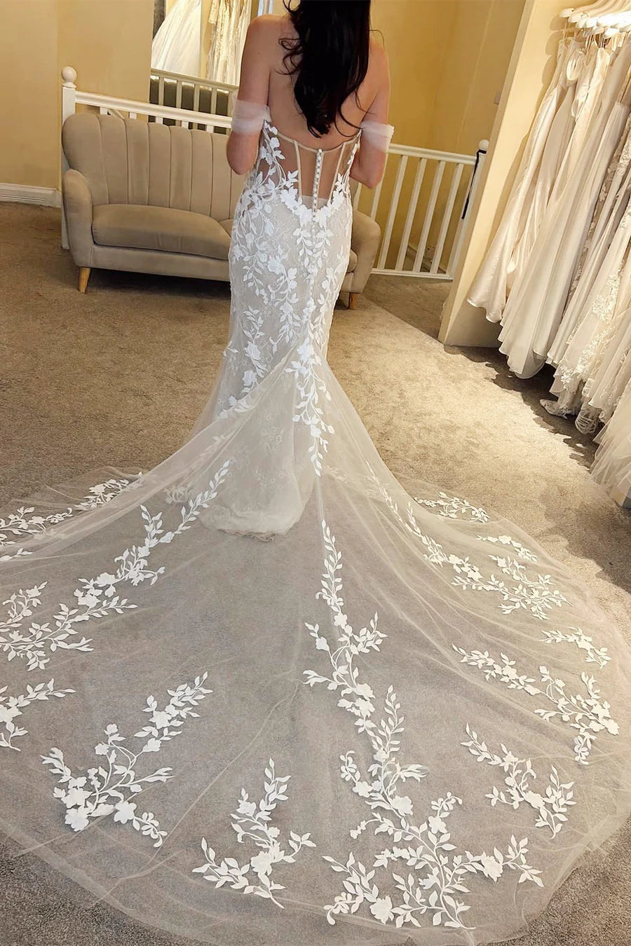 Floral Lace Off-the-Shoulder Mermaid Long Wedding Dress With Applique