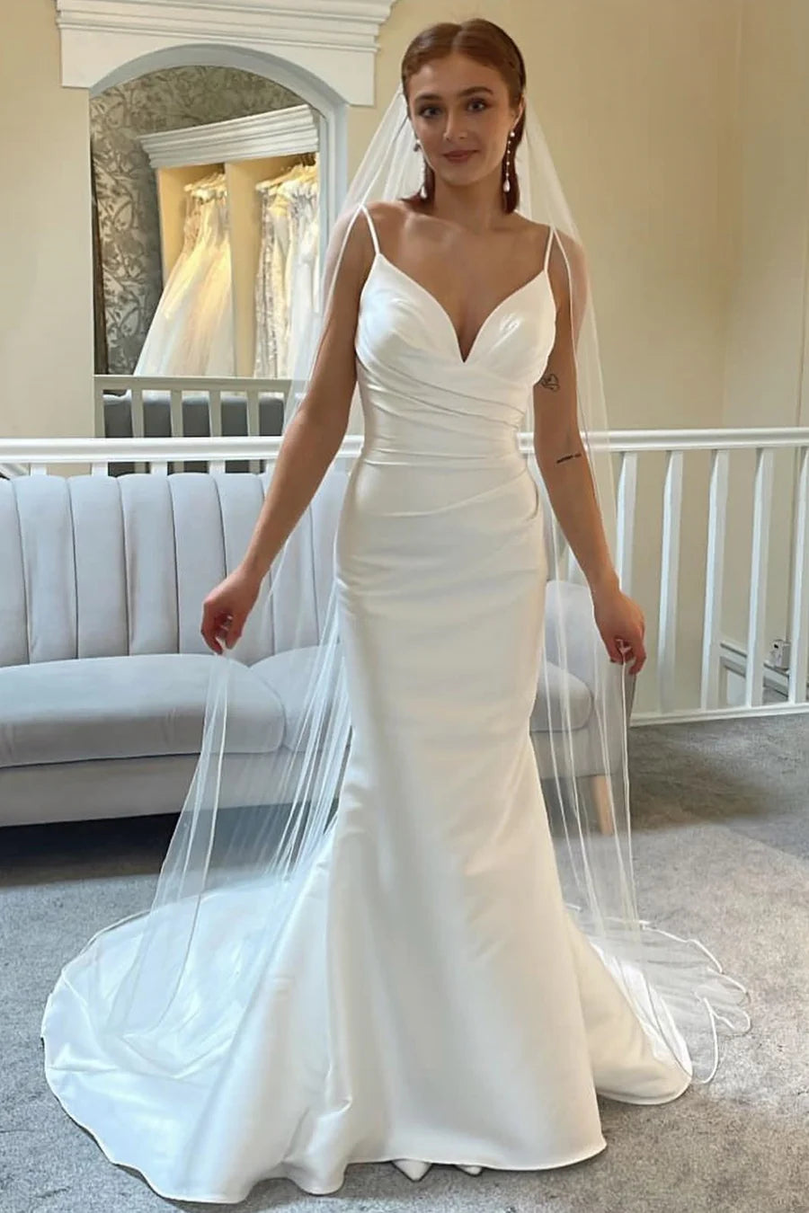 Spaghetti Strap Backless Trumpet Long Wedding Dress With Train