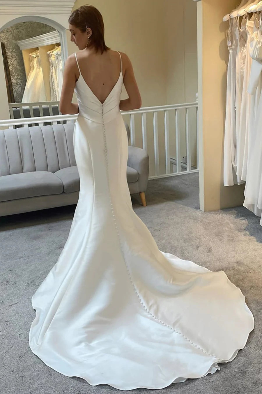 Spaghetti Strap Backless Trumpet Long Wedding Dress With Train