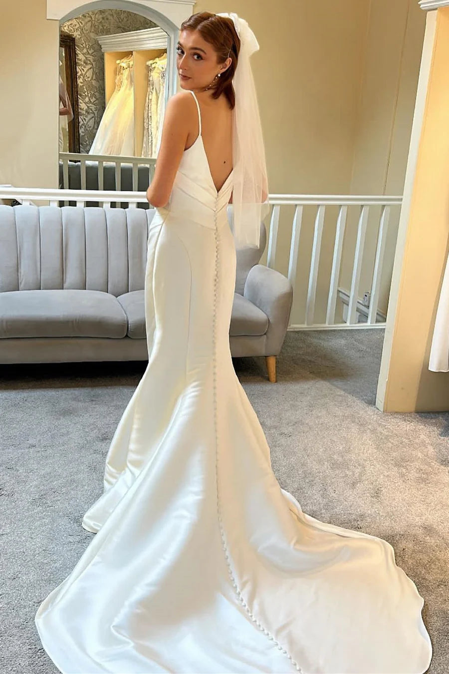 Spaghetti Strap Backless Trumpet Long Wedding Dress With Train