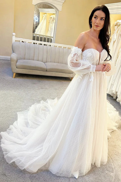 Off-the-Shoulder A-Line Train Long Wedding Dress With Tulle