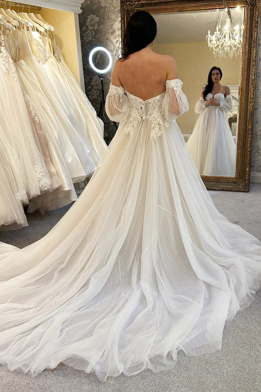 Off-the-Shoulder A-Line Train Long Wedding Dress With Tulle