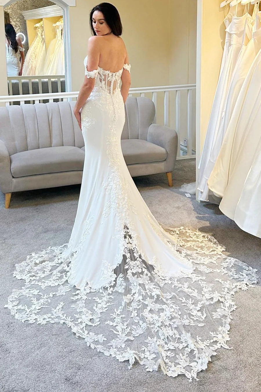 Off-the-Shoulder Lace Mermaid Long Wedding Dress