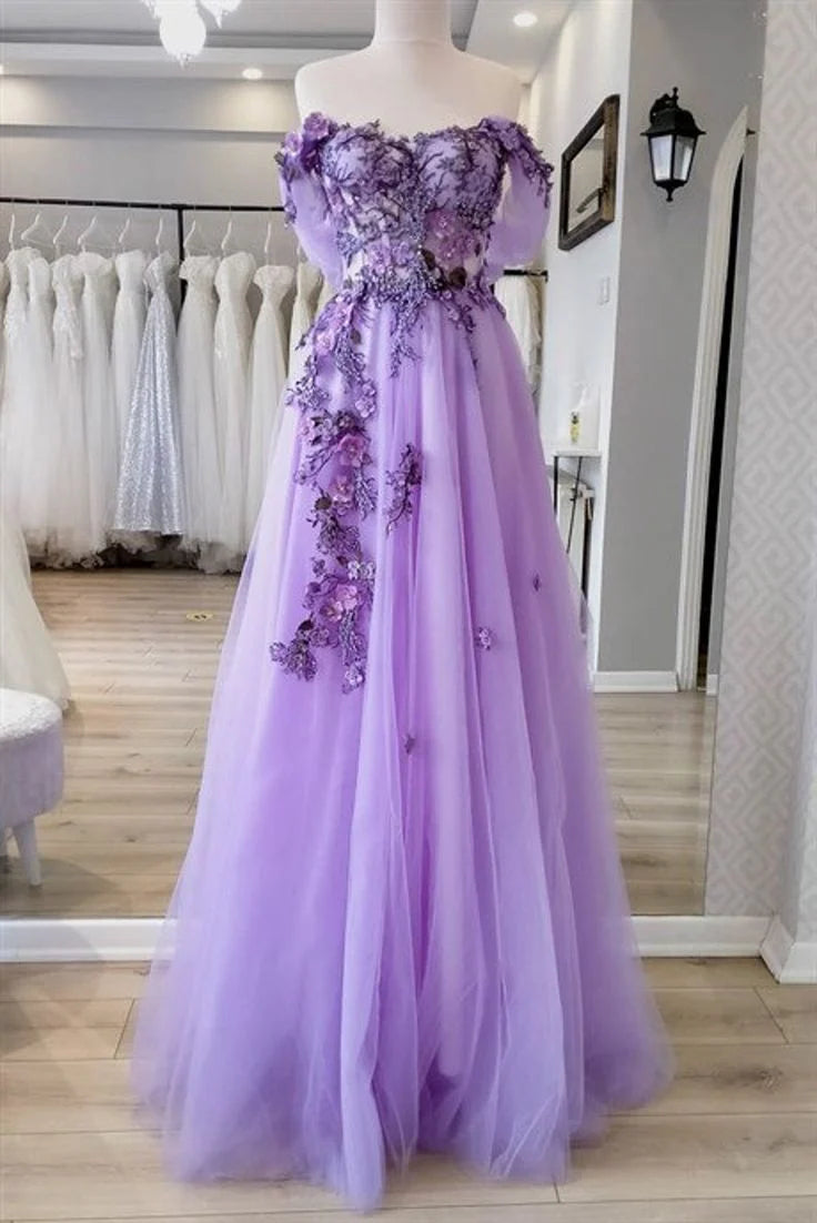 A-line Backless Floor Length Off The Shoulder Tulle Applique Long Prom Dress