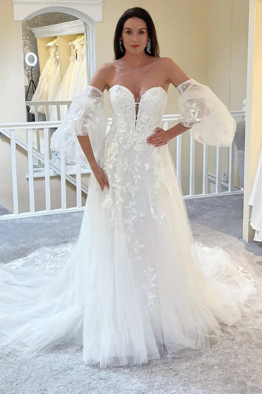 A-Line Strapless Long Wedding Dress with Sleeves