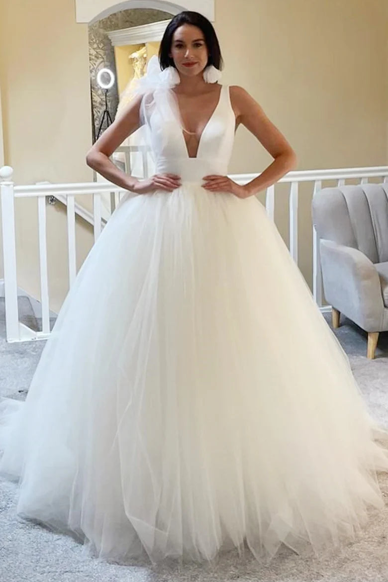 Tulle Deep V Open Back Ball Gown with Bow