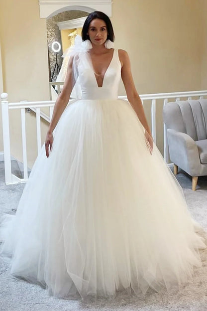 Tulle Deep V Open Back Ball Gown with Bow