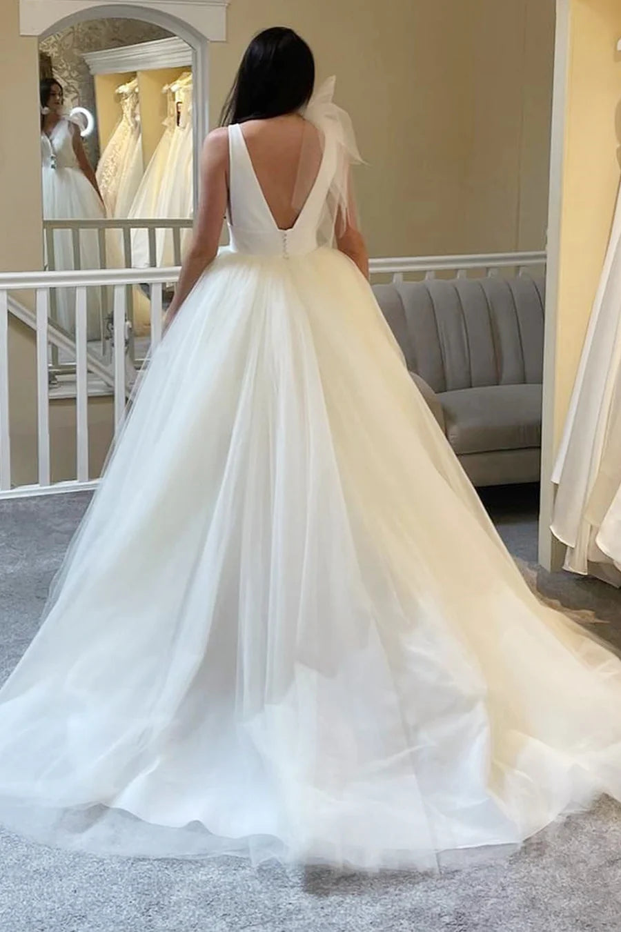 Tulle Deep V Open Back Ball Gown with Bow