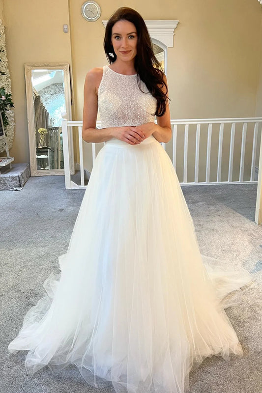 Two-Piece Beaded A-Line Long Wedding Dress With Tulle