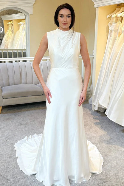 A-Line High-Collar Backless Long Wedding Dress With Train