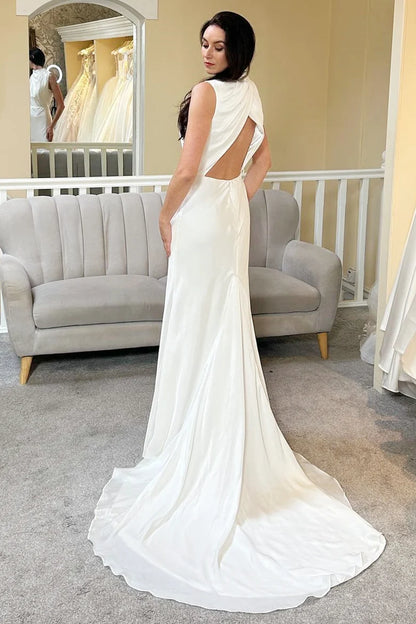 A-Line High-Collar Backless Long Wedding Dress With Train