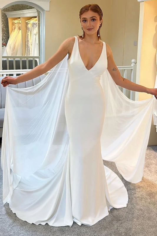 Deep V Mermaid Long Wedding Dress With Cape