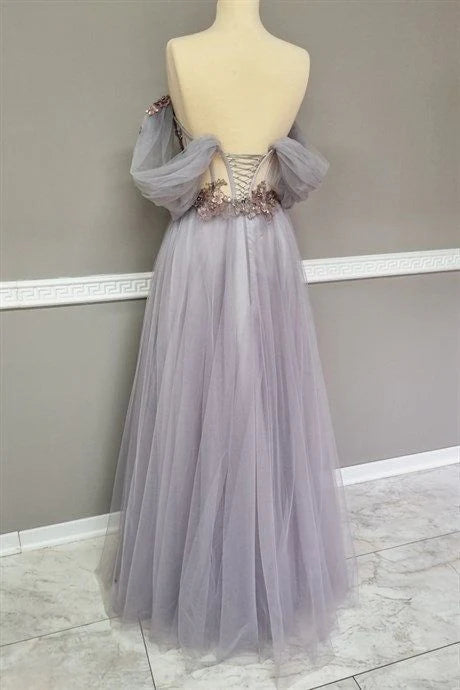 A-line Backless Floor Length Off The Shoulder Tulle Applique Long Prom Dress