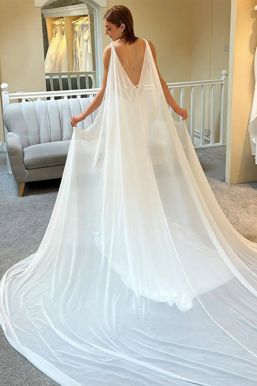 Deep V Mermaid Long Wedding Dress With Cape