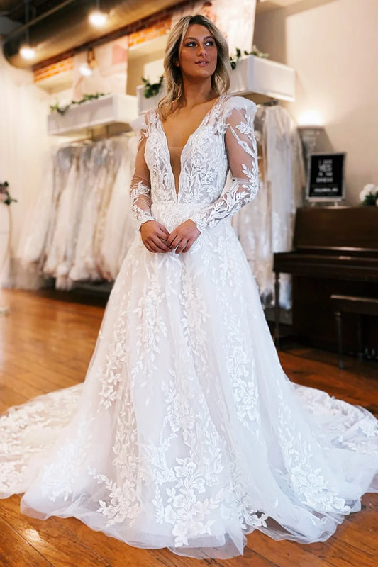 A-Line Deep V Long Wedding Dress With  Appliques