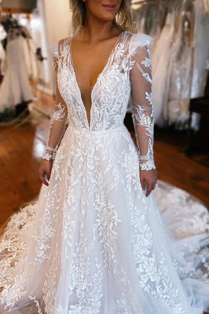 A-Line Deep V Long Wedding Dress With  Appliques