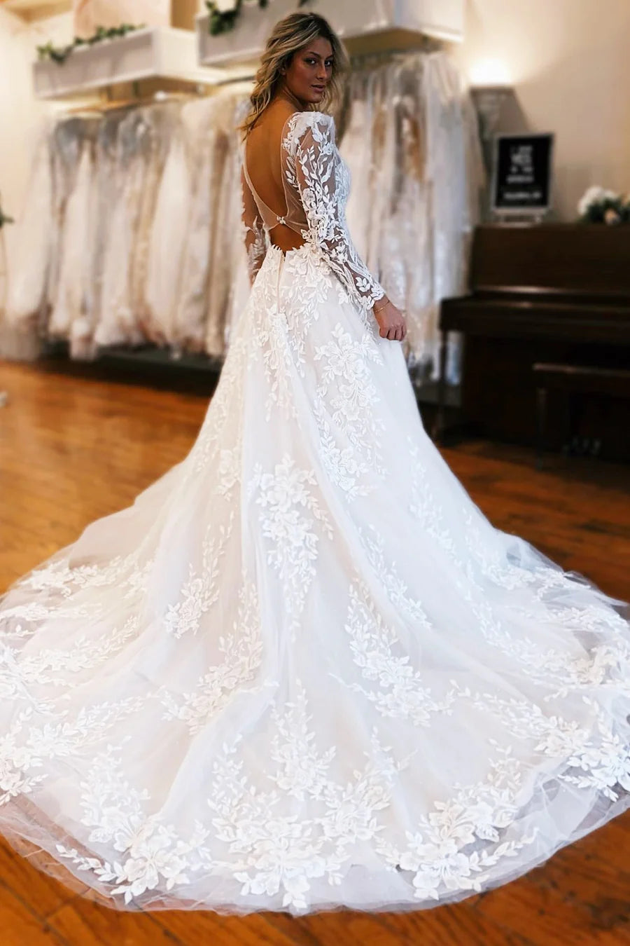 A-Line Deep V Long Wedding Dress With  Appliques