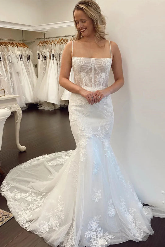 Lace Square Neck Trumpet Long Wedding Dress With Applique