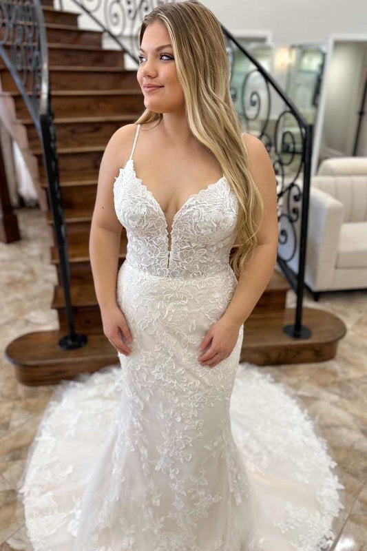 Floral Lace Deep V-neck Backless Mermaid Wedding Dress