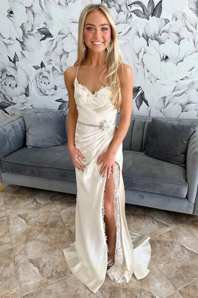 Satin Lace Belted Ruching Wedding Dress with Slit