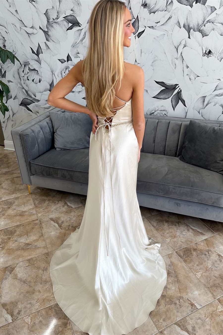 Satin Lace Belted Ruching Wedding Dress with Slit