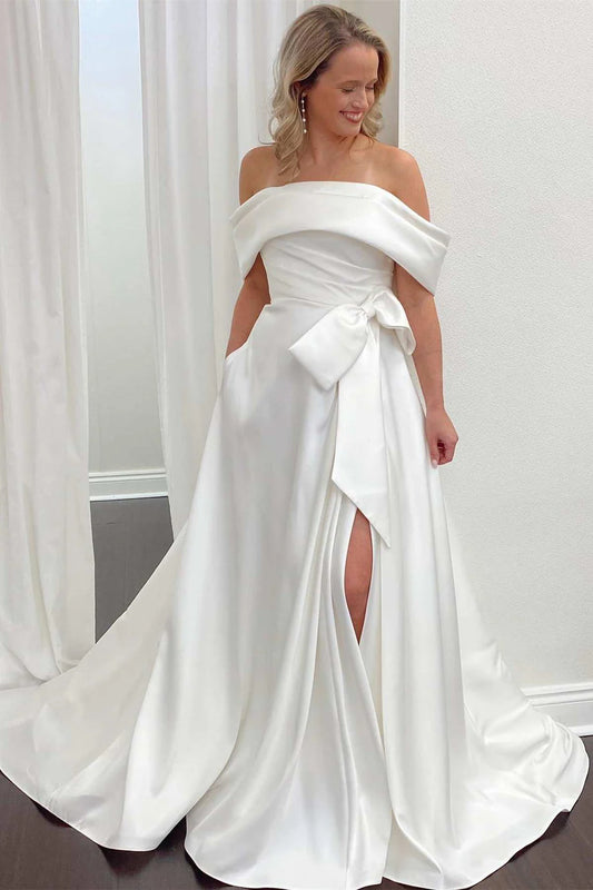 A-Line Satin Off-the-Shoulder Wedding Dress with Slit