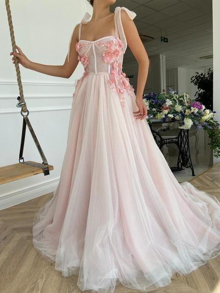 A-Line Long Pink Tulle Lace up strapless Prom Dress With 3D Flowers