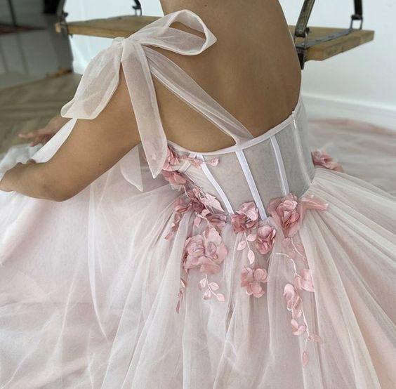 A-Line Long Pink Tulle Lace up strapless Prom Dress With 3D Flowers