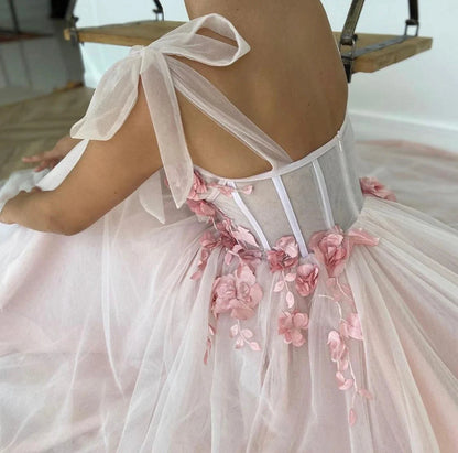 A-Line Long Pink Tulle Lace up strapless Prom Dress With 3D Flowers