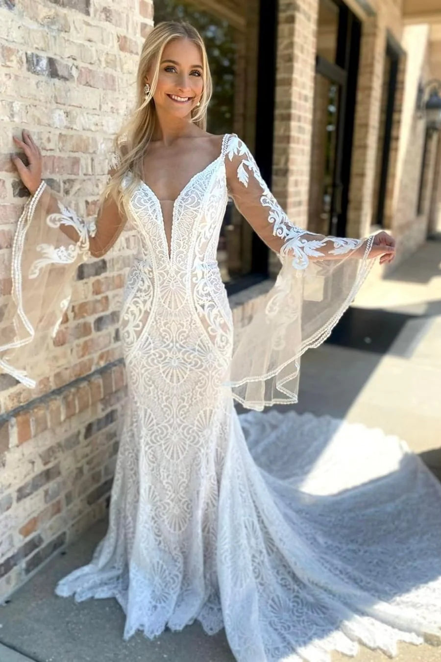 A-Line Lace Deep V Neck Long Sleeve Mermaid Wedding Dress