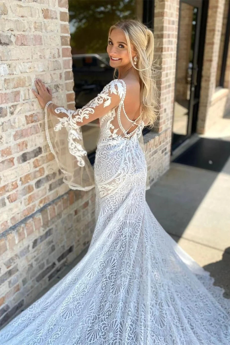 A-Line Lace Deep V Neck Long Sleeve Mermaid Wedding Dress