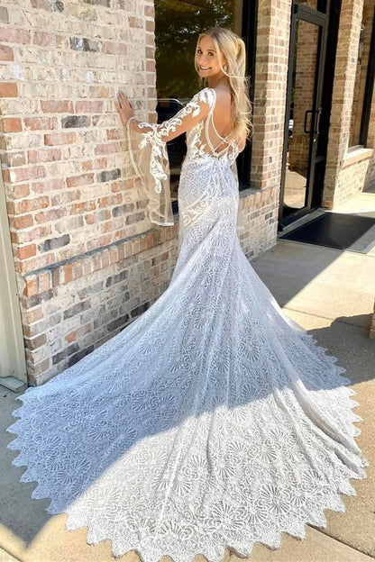 A-Line Lace Deep V Neck Long Sleeve Mermaid Wedding Dress