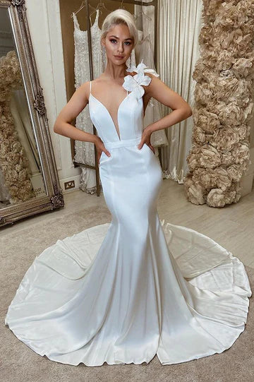 Deep V Neck Satin Backless Mermaid Wedding Dress with Flowers