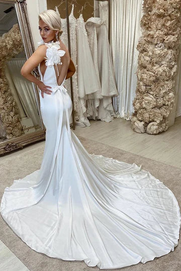 Deep V Neck Satin Backless Mermaid Wedding Dress with Flowers