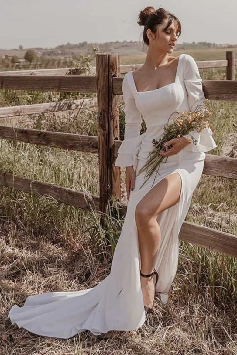 Square Neck Long Sleeve Lace-Up Long Wedding Dress with Slit