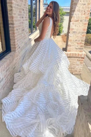 A-Line Deep V-Neck Backless Striped Wedding Dress