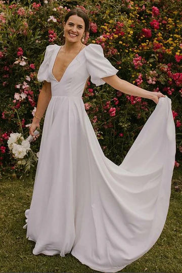 Puff Sleeves Deep V Neck Long Wedding Dress With Open Back