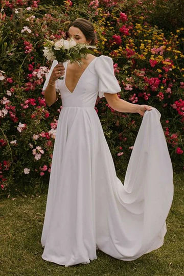 Puff Sleeves Deep V Neck Long Wedding Dress With Open Back