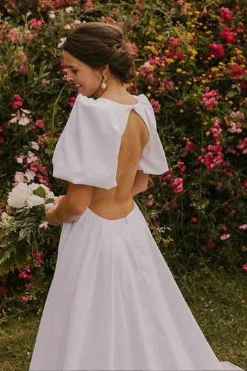 Puff Sleeves Deep V Neck Long Wedding Dress With Open Back