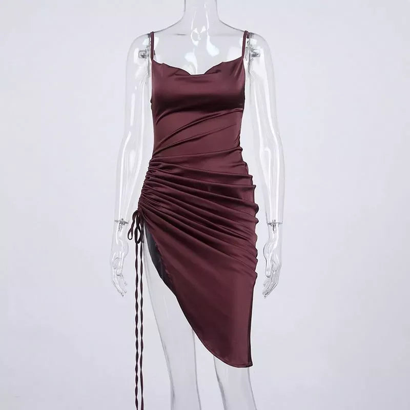 Satin Asymmetry Short Prom Dress Spaghetti Strap With Side High Slit