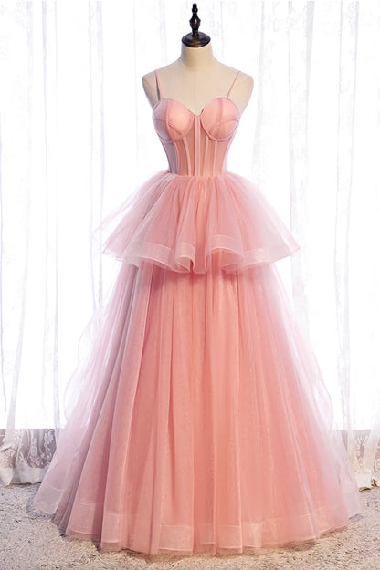 A-Line Pink Tulle Long Prom Dresses